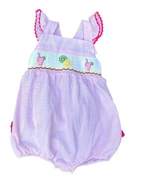NOLA Smocked Lemonade Bubble Romper Pink Seersucker Handmade Baby Girl 3T